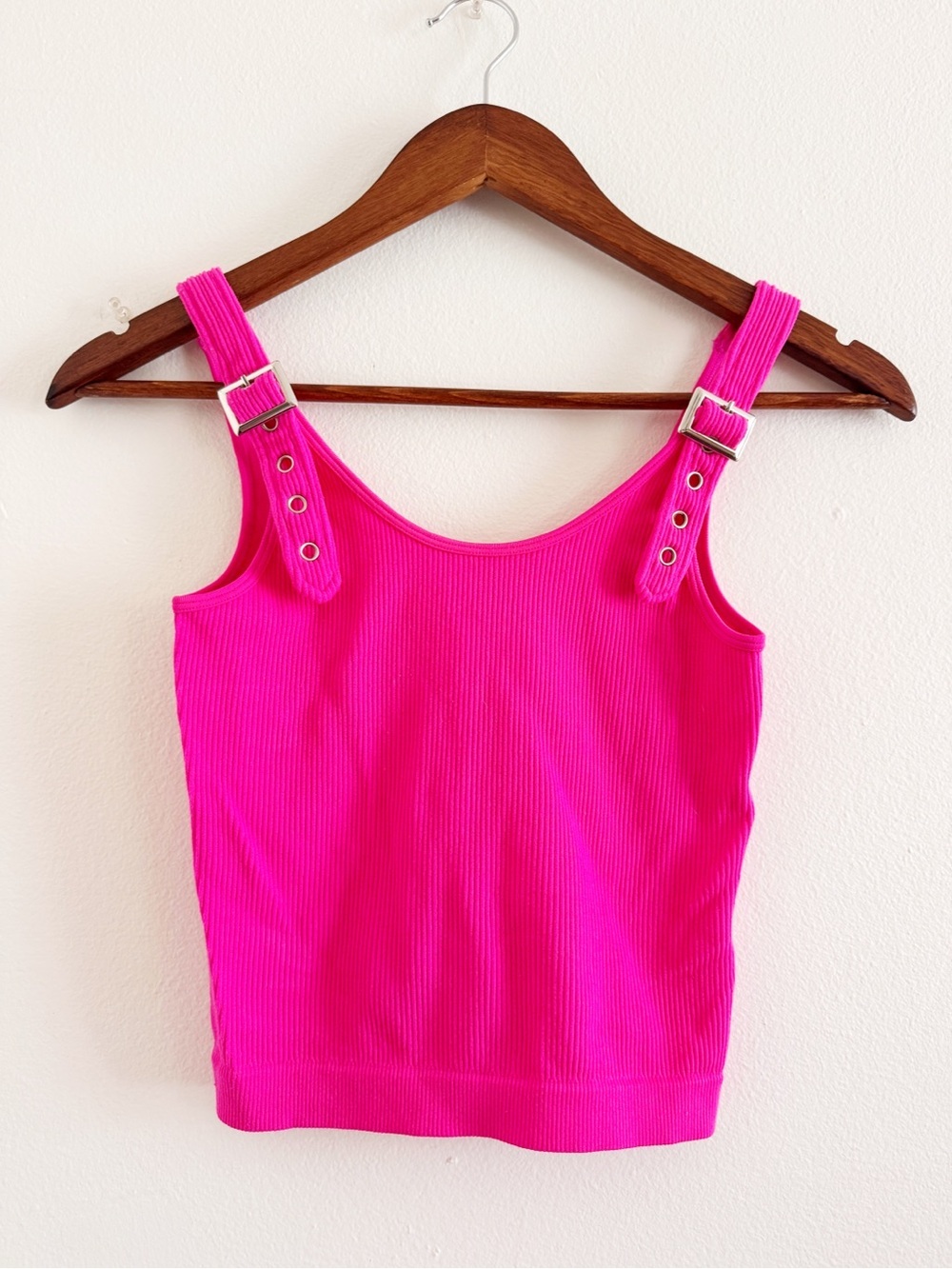 Suzette Collection Ribbed Buckle Strap Tank Top - Hot Pink S/M